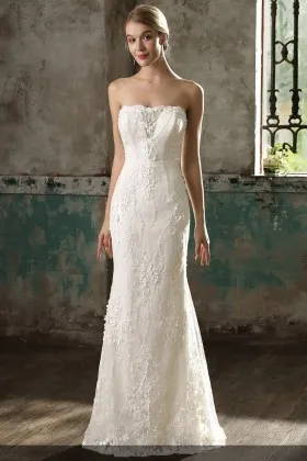 unique strapless straight across ivory lace appliqued fit and flare wedding dress