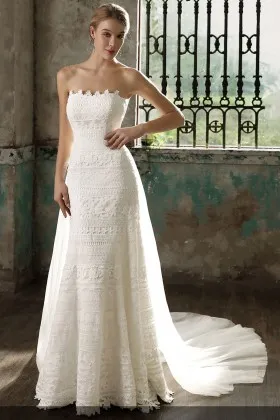 ivory patterned lace strapless empire waist wedding dress with detachable tulle train