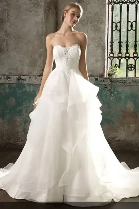 Princess ivory lace and flounced organza strapless sweetheart wedding ball gown