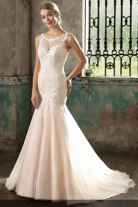 classic blush lace satin and tulle illusion mermaid dropped waist wedding dress
