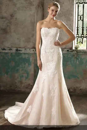 mesh lace overlay unique strapless blush mermaid chapel train bridal gown
