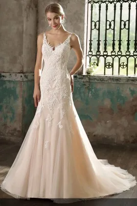 sleeveless blush tulle and lace romantic V neckline mermaid wedding dress