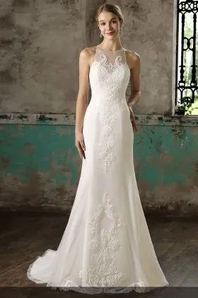 ivory floral lace appliqued sleeveless fit and flare unique wedding dress