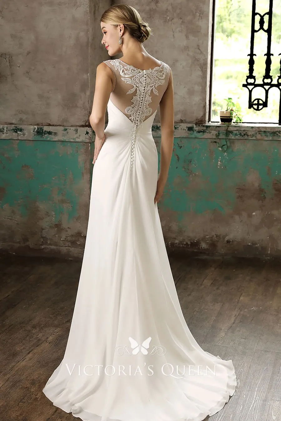 Illusion Pearls Neckline Ivory Chiffon Wedding Dress - VQ
