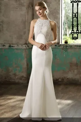 sleeveless halter neckline ivory lace and satin modern mermaid wedding dress