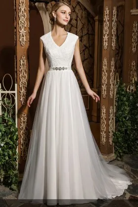 elegant V neckline cap sleeves beaded white lace and tulle long wedding dress