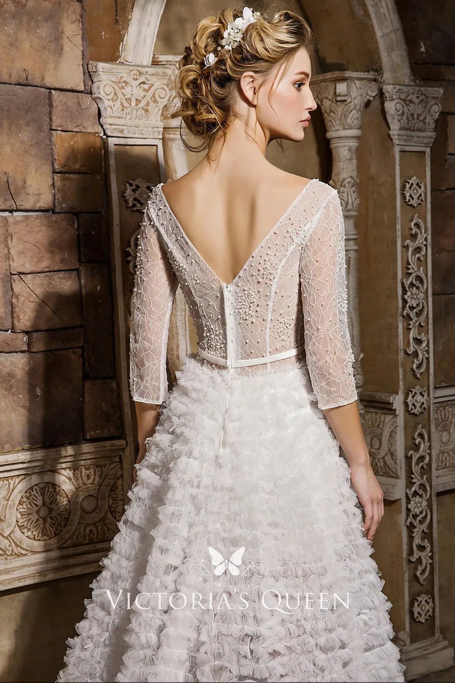 Plunging V Neckline Pearls Sheer 3/4 Sleeve Unique Ruffled Wedding