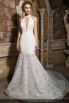 scalloped plunging bodice lace high neckline dropped waist unique wedding dress