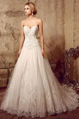 classic beaded lace appliqued strapless puffy spring wedding dress