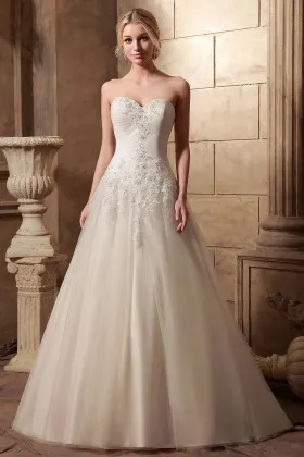 lace appliqued tulle satin strapless puffy wedding dress