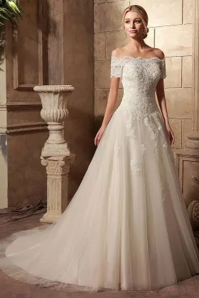 short sleeve scalloped off shoulder puffy wedding dress