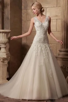 V neck lace appliqued wedding dress with chapel train