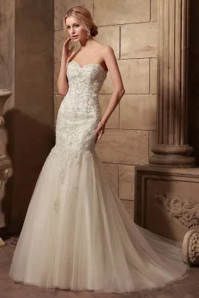 beaded lace appliqued tulle satin trumpet wedding dress