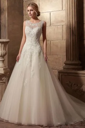 illusion neck sleeveless chapel train wedding ball gown
