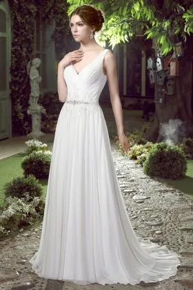 white pleated chiffon floor length flowy wedding dress