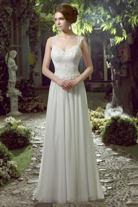 queen anne neck pleated chiffon skirt wedding dress