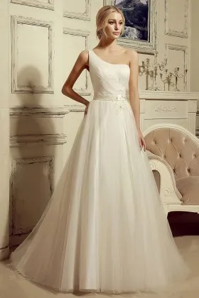 single strap satin and tulle grecian puffy wedding dress