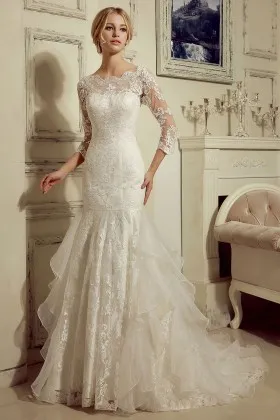 illusion sweetheart 34 sleeves ruffled skirt wedding dress
