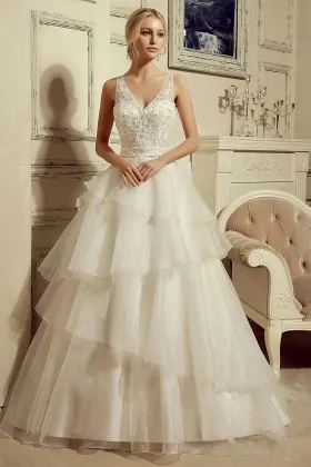 beaded lace bodice tiered tulle skirt wedding ball gown