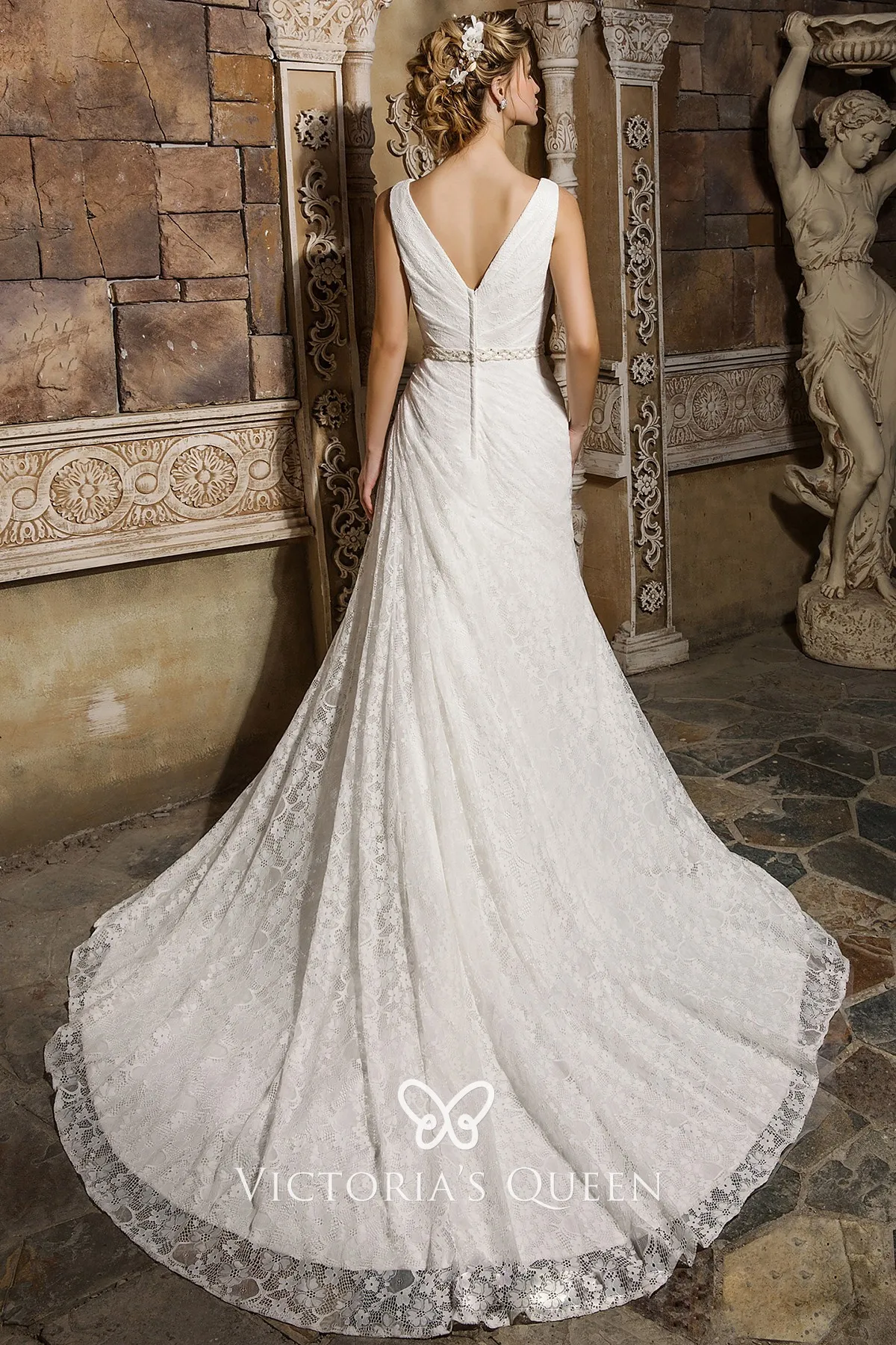 Side Draped V Neck Ivory Lace Fancy Wedding Dress - VQ Side Draped V Neck Ivory Lace Fancy Wedding Dress - VQ