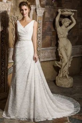 side draped V neck ivory lace fancy wedding dress