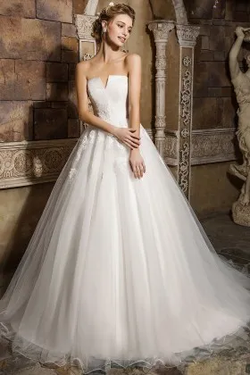 V cut Strapless Lace Satin Tulle Wedding Ball Gown