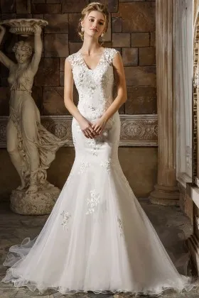 mermaid lace appliqued tulle and satin wedding dress