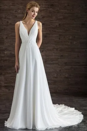 plunging V neck ethereal chiffon long wedding dress