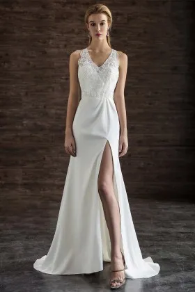 simple high slit lace and satin scalloped long wedding dress