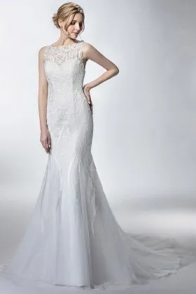 modern ivory lace tulle long mermaid wedding dress
