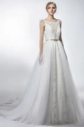 Vintage lace long wedding dress with tulle overskirt