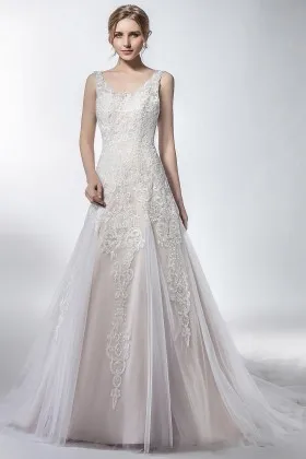 scalloped V neck lace and tulle long wedding dress