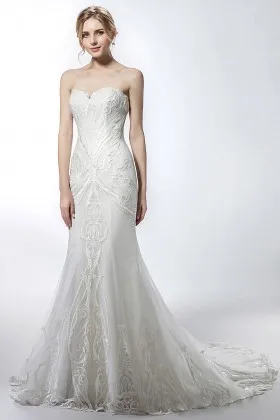 strapless sweetheart ivory lace mermaid wedding dress