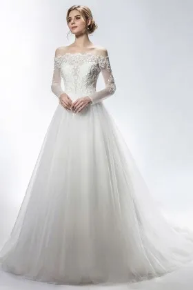 Scalloped Illusion Long Sleeve Bridal Ball Gown