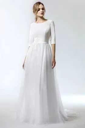 jewel neck cap sleeve satin tulle long wedding dress