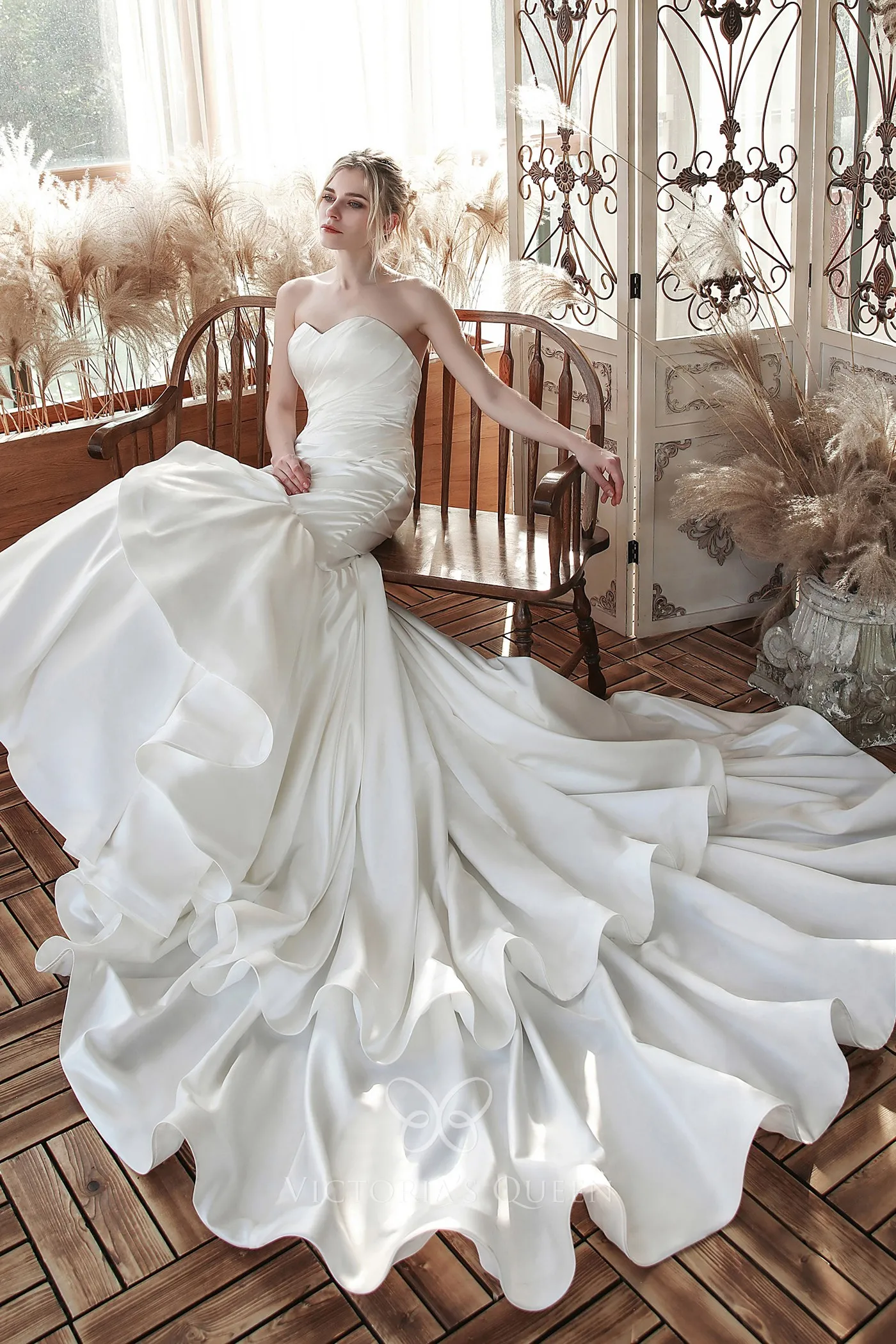 Satin Ruched Off the Shoulder Mermaid Ivory Wedding Dress with Slit main image 1