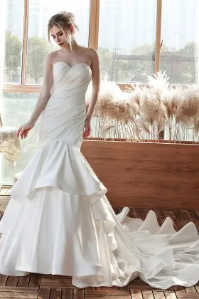 modern mermaid sweetheart ruched ivory satin bridal dress
