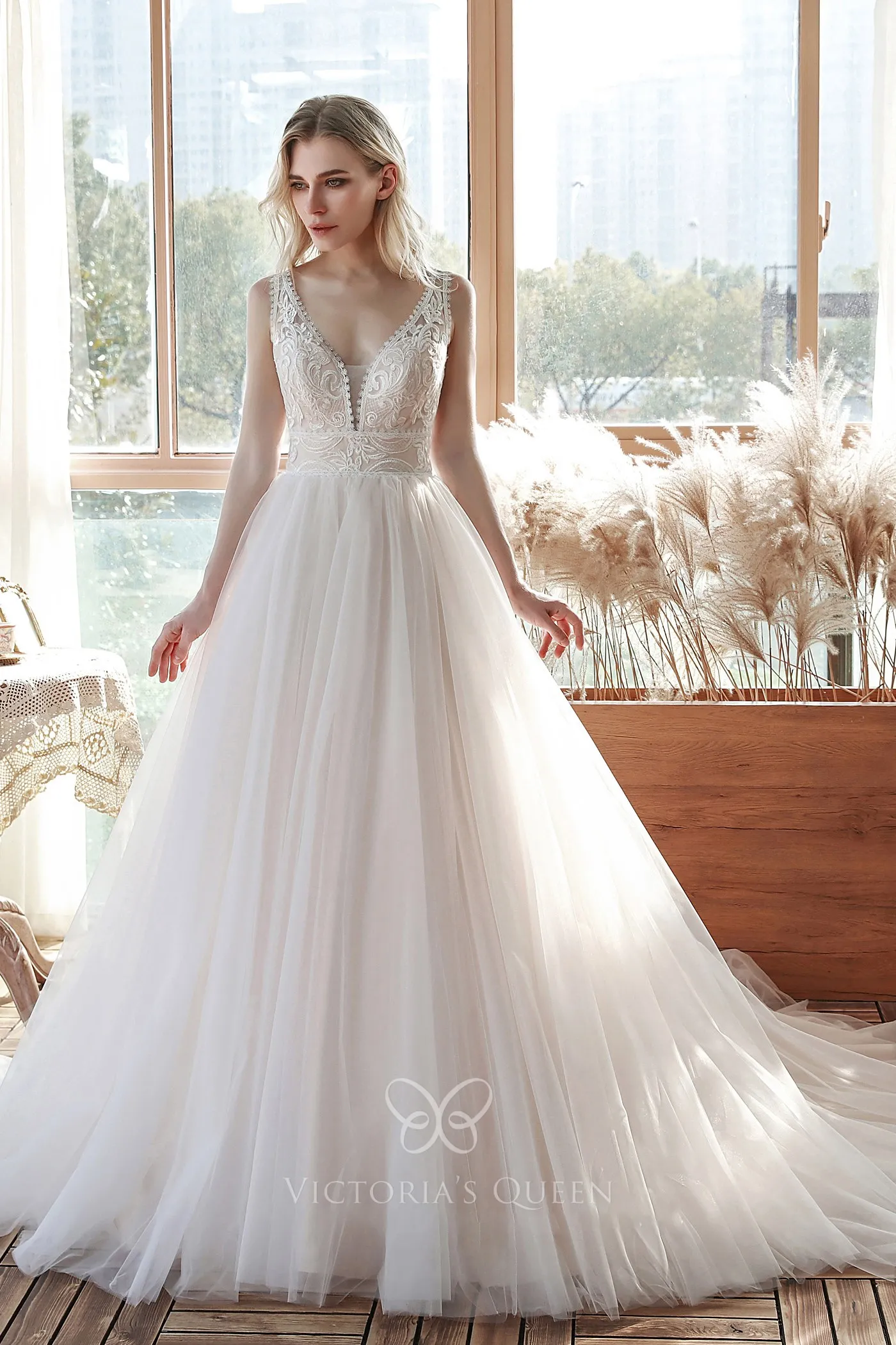 Curved Plunging Neck Lace & Tulle Destination Wedding Dress - VQ