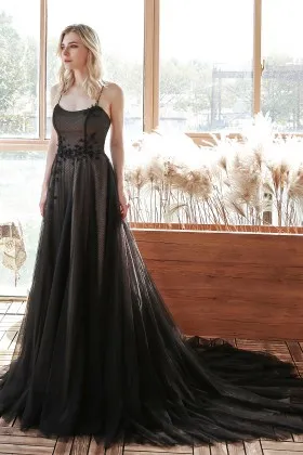 gothic black tulle beaded flowers a line unique bridal gown