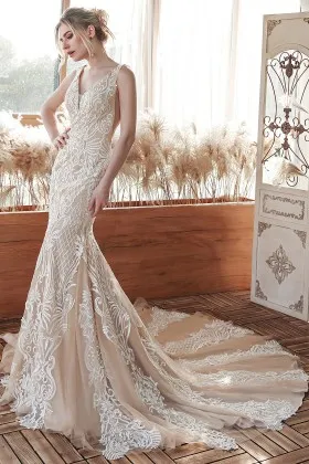 modern patterned lace v neck mermaid nude wedding dress