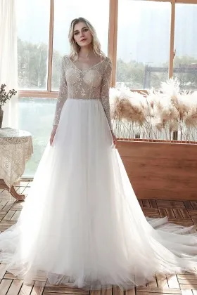 sexy sheer lace tulle v neck long sleeve wedding dress