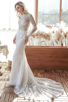 charming illusion lace long sleeve open back bridal dress