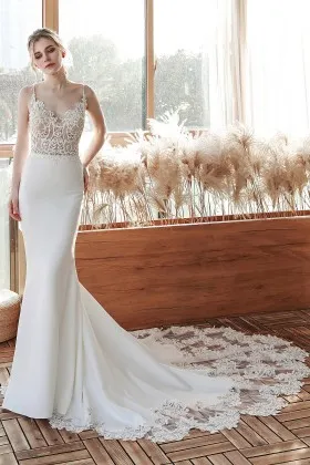 seductive illusion lace bodice chapel train wedding dress