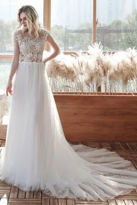 sheer lace tulle cap sleeves a line romantic bridal dress