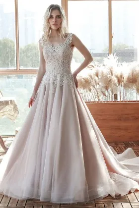 nude satin with ivory lace and tulle princess bridal dress