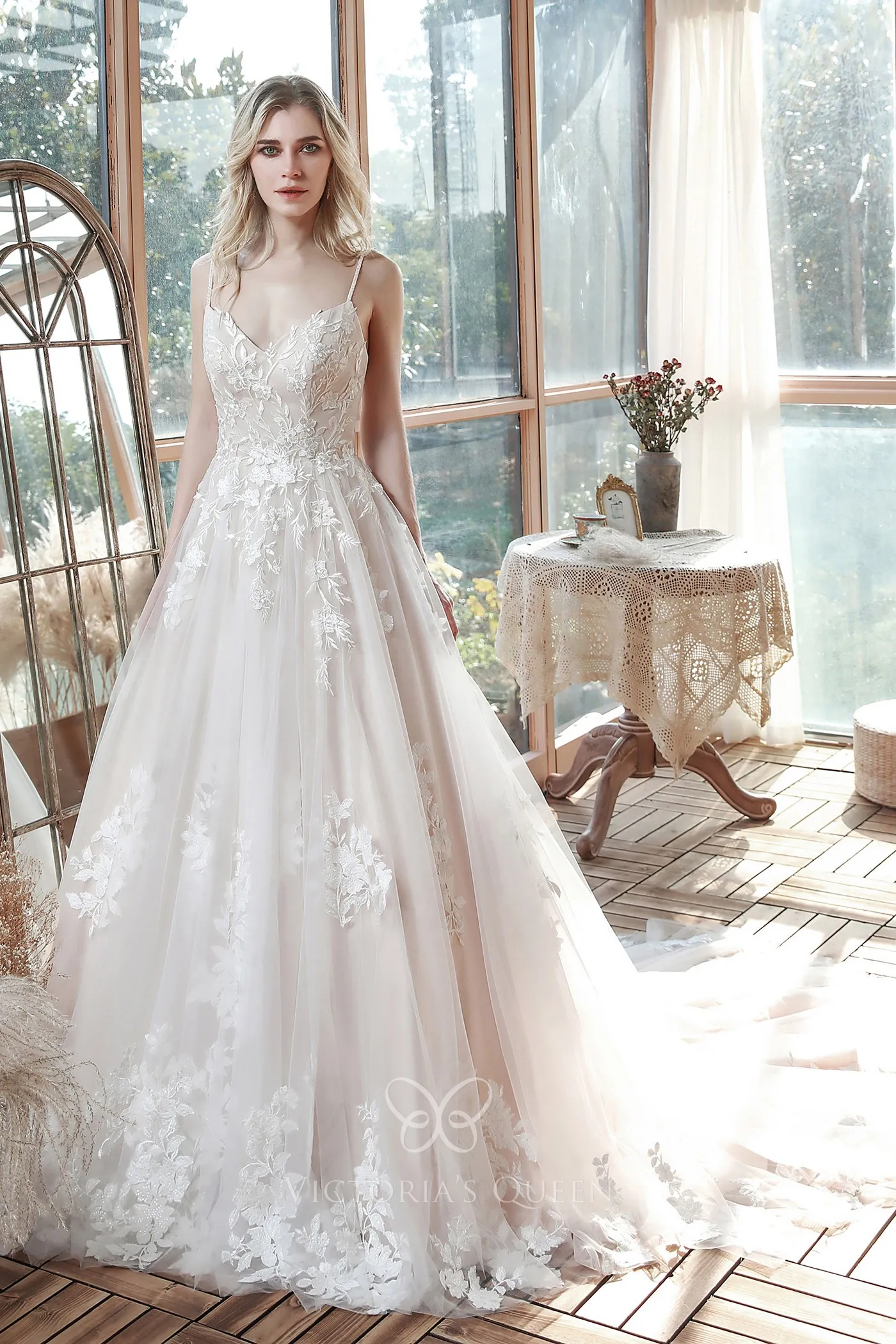 Beautiful Vneck Lace Applique Satin & Tulle Wedding Gown VQ