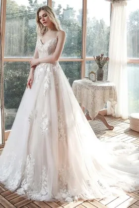 beautiful v neck lace applique satin tulle wedding gown