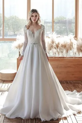 vintage plunging neck sheer sleeve lace organza fall bridal dress
