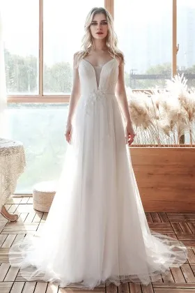 mini flowers appliqued tulle a line casual wedding dress