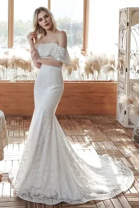 delicate beaded lace off the shoulder mermaid wedding dress